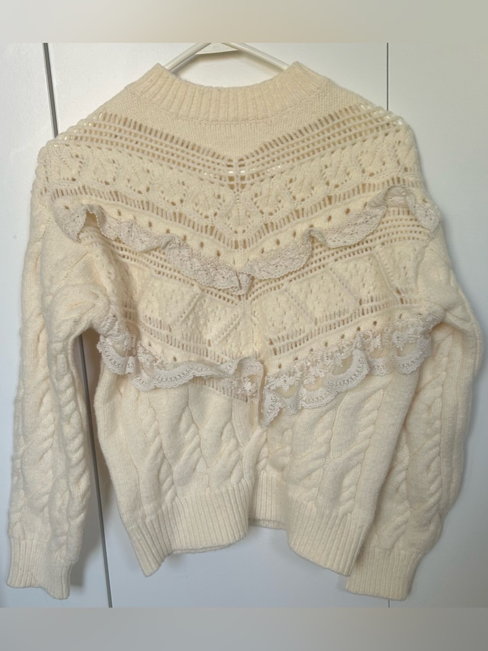 &MERCI S Women's Cream Knit Lace-Trim Sweater Cable Knit Ribbed Edges Openwork